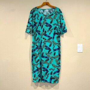 Women’s LuLaRoe feather print scoop neck short sleeve teal Julia dress 2XL
